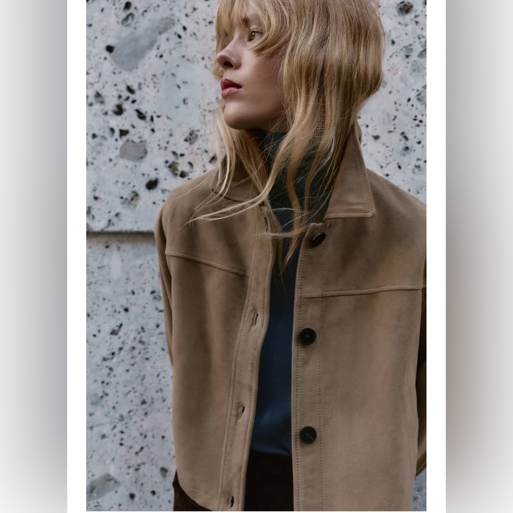 Zara New 100% Leather Suede Collar Jacket Beige NWT - Picture 3 of 14